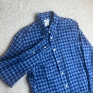 Brooks brothers men's blue gingham check original polo shirt linen shirt M